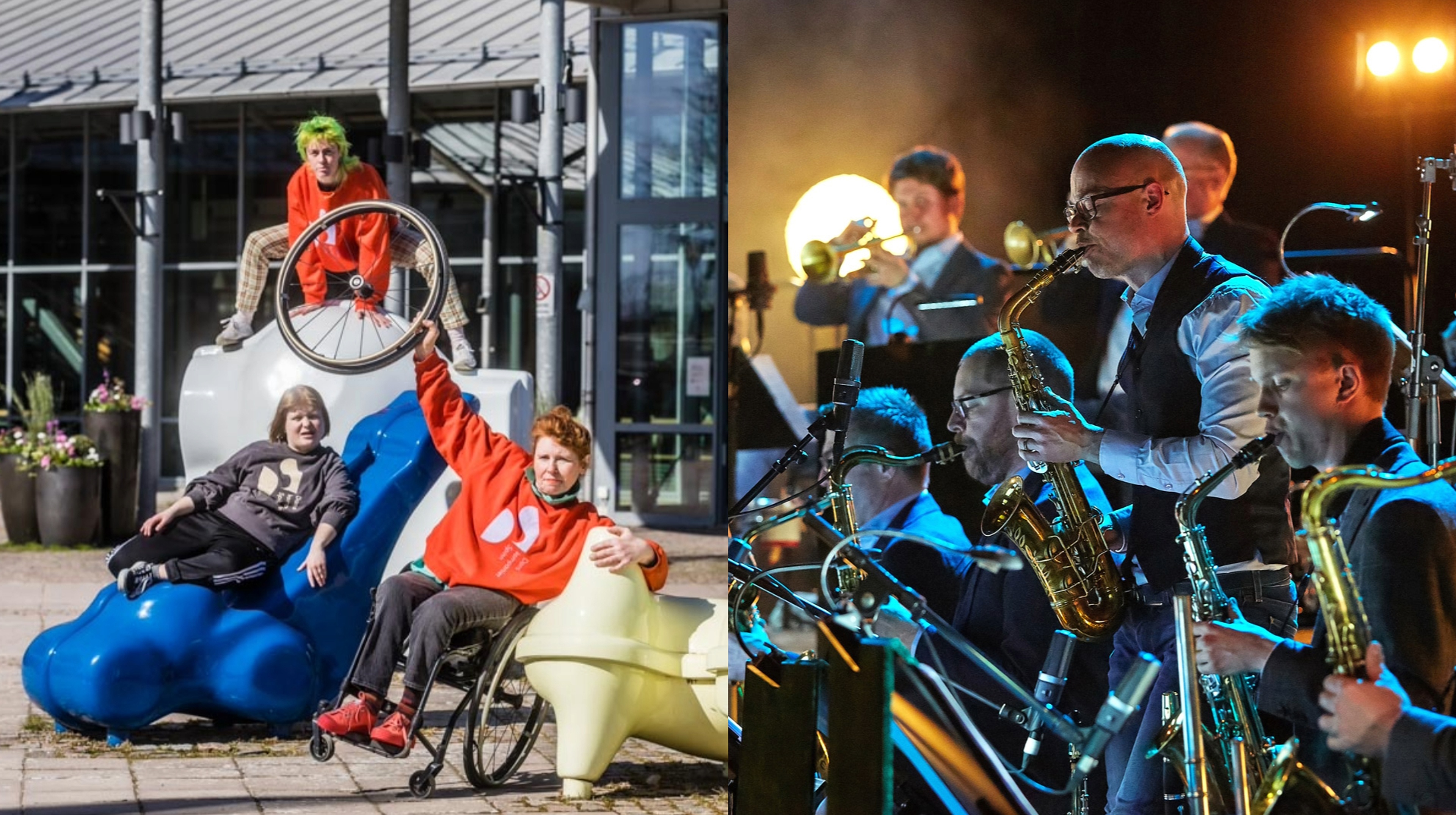 Kollage med bilder på Danskompaniet Spinn i färgglada tröjor och Bohuslän Big Band som spelar musik.